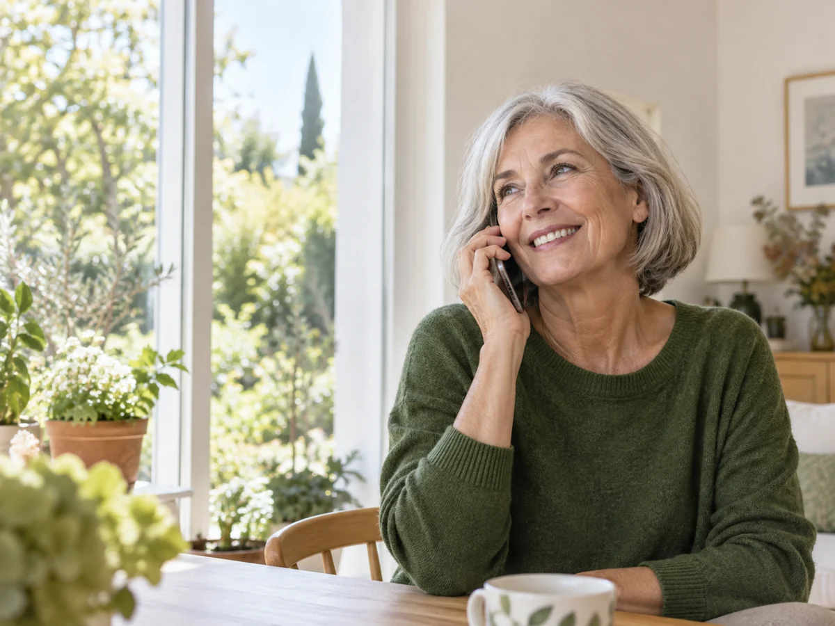 Une femme échange au téléphone dans un intérieur lumineux.